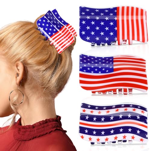 3Pcs American Flag Shaped Claw Clips USA Patriotic 4th Of July Design Hair Accessories Red White And Blue Hair Clips For Independence Day Veterans' Day -Give A Family Hair Clip As A Gift